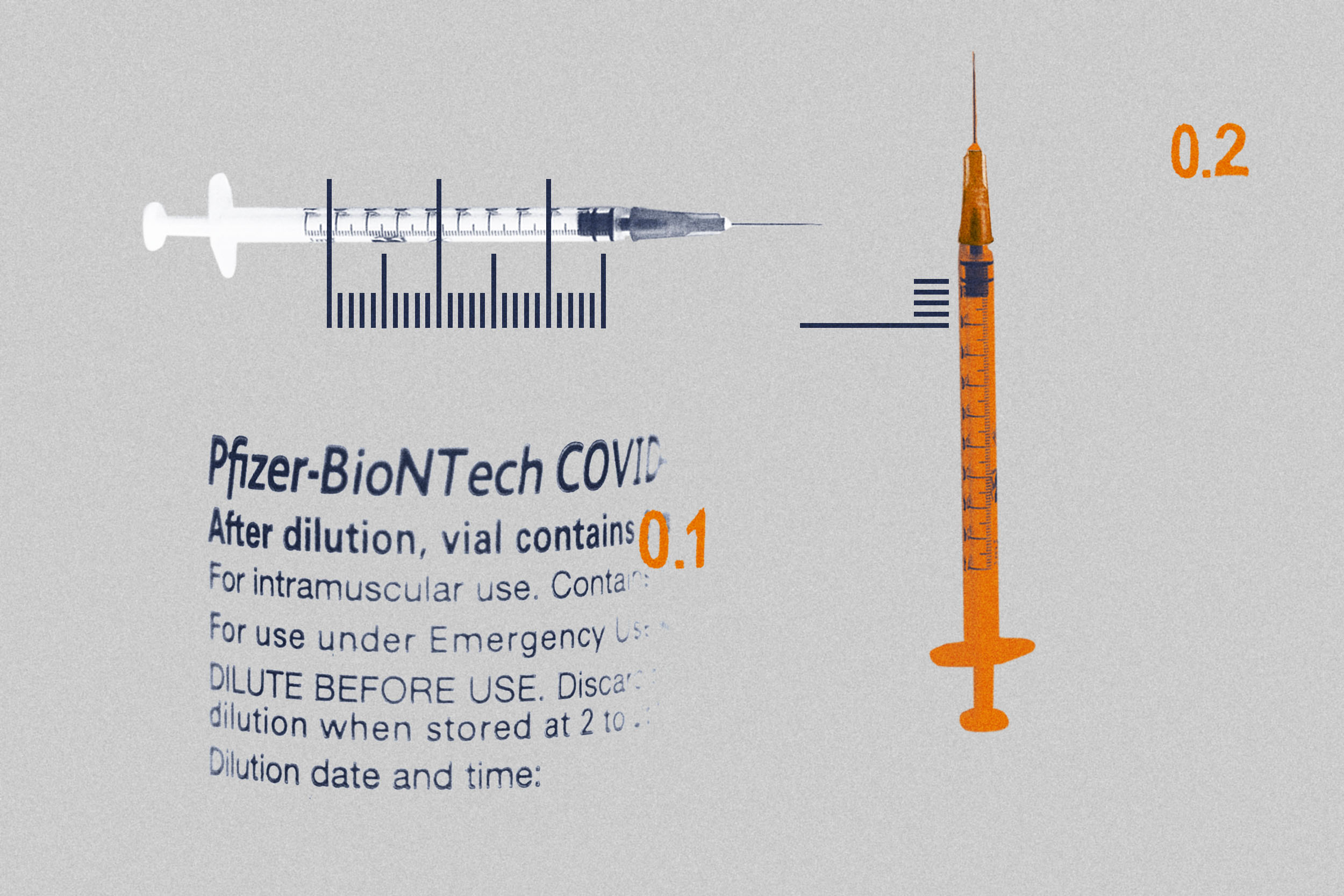Illustration with syringes and Pfizer-BioNTech Covid vaccine label