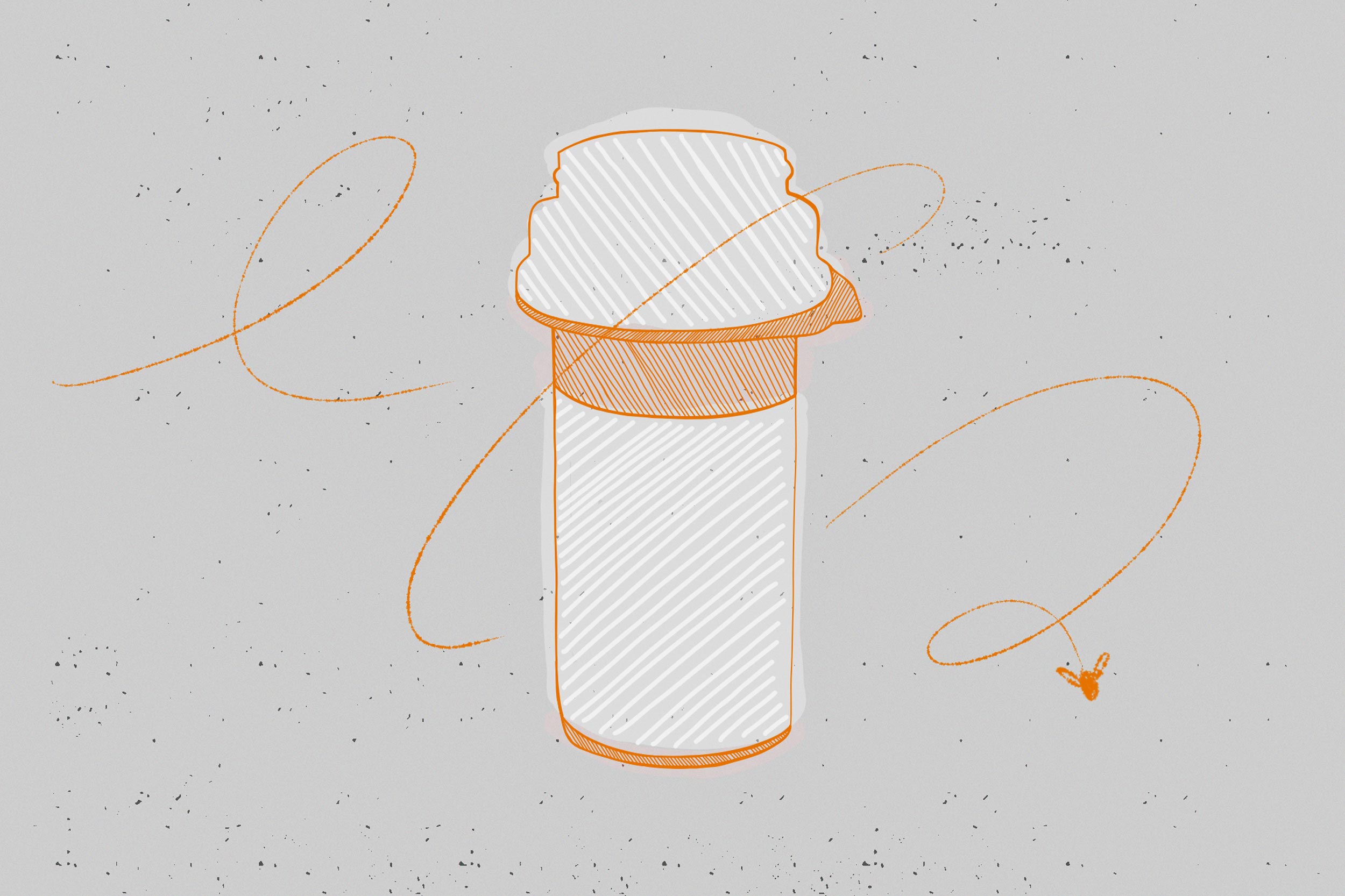 Illustration of a prescription bottle and a bee flying around it.
