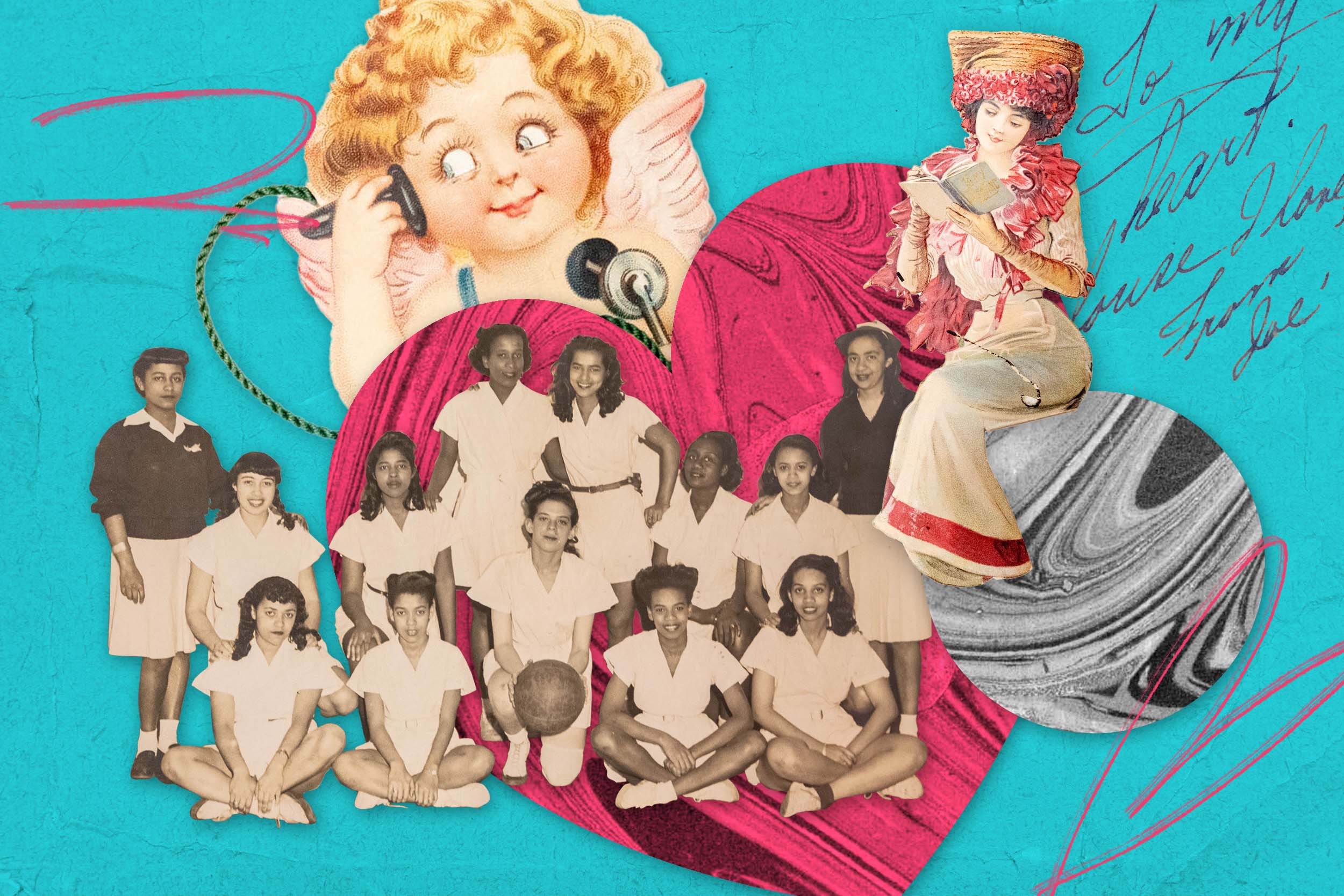 A collage of images: cupid, group photo of women, and an old painting of a woman sitting reading a book