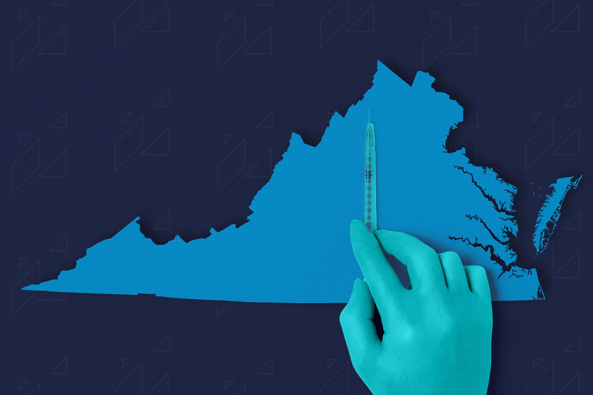 A gloved hand holds up a hypodermic needle in front of a map of Virginia. 