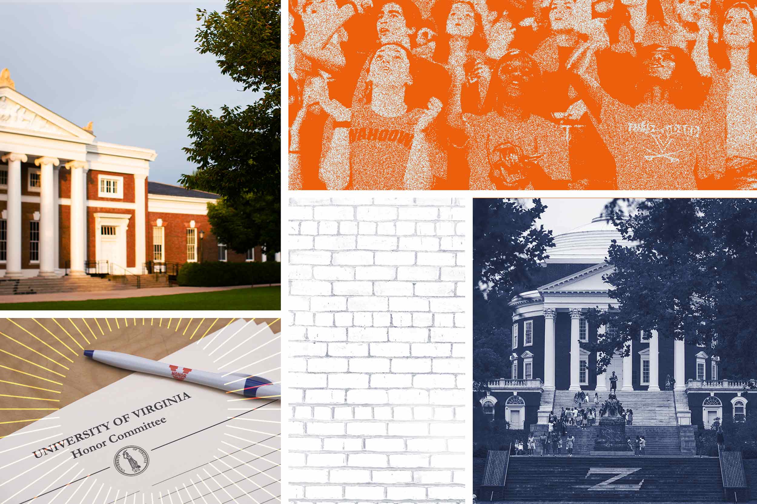 Photo Collage of Old Cabel Hall, the Honor System, fans cheering in orange shirts, a white brick wall and the Rotunda with students on the steps in front. 