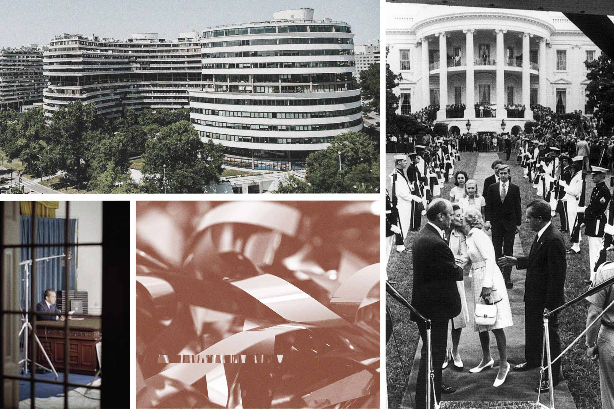 Collage of Watergate imagery including a photo of the hotel, Nixon exiting the White House lawn, Nixon sitting at his desk, and some audio tape