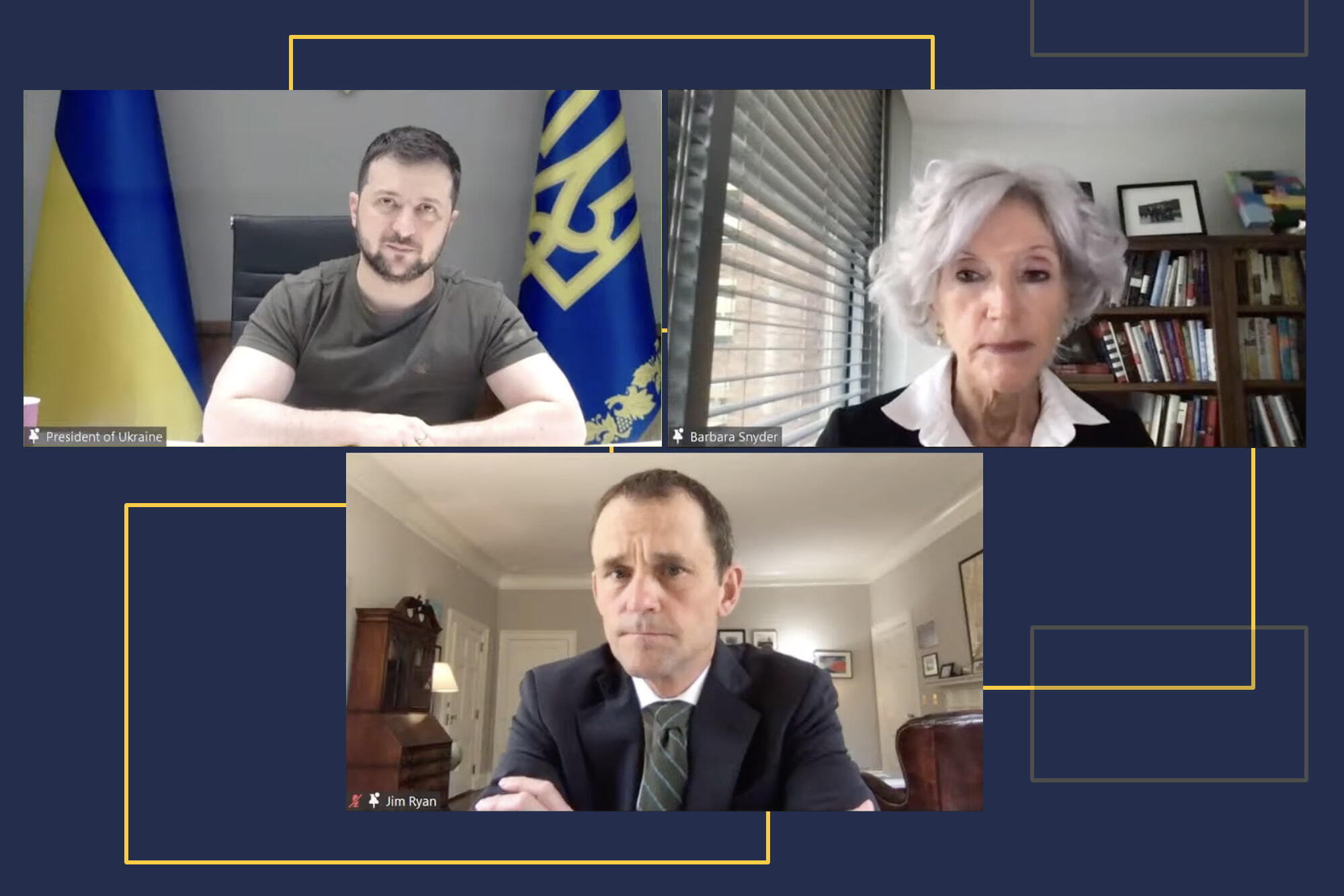 Screenshot of Livestream featuring Ukraine President Volodymyr Zelenskyy, UVA President Jim Ryan and Association of American Universities President Barbara Snyder.