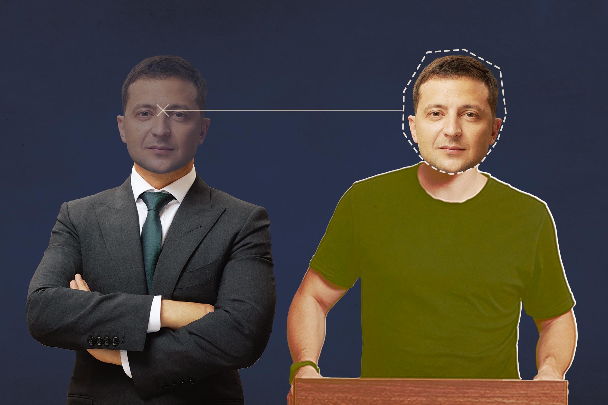 Illustration of a real photo of Ukraine President Volodymyr Zelenskyy's head being copy/pasted onto a fake body