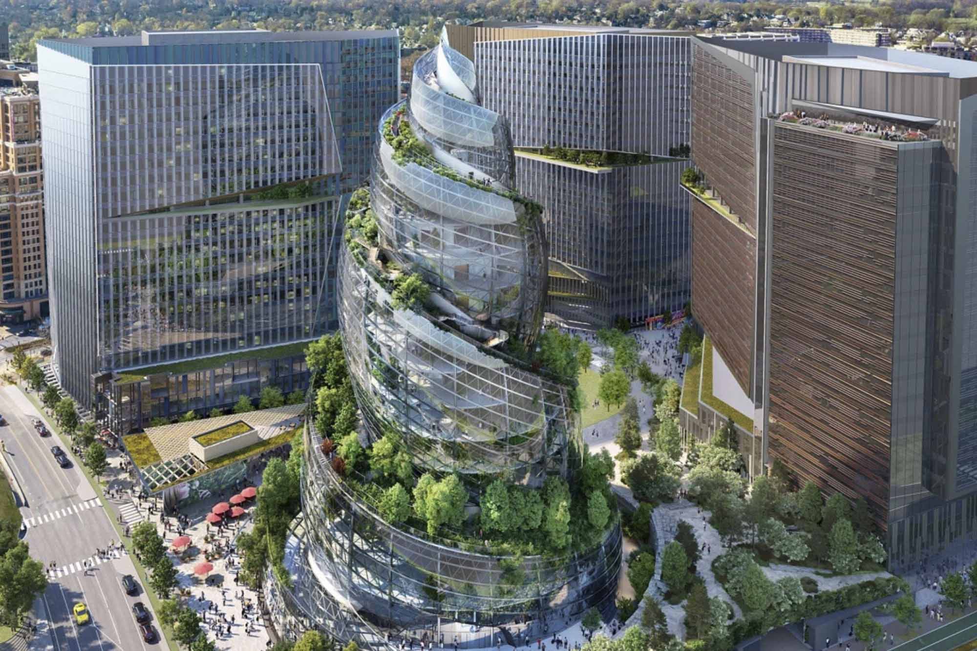 Vertical Glass Spiraled building with trees between each spiral