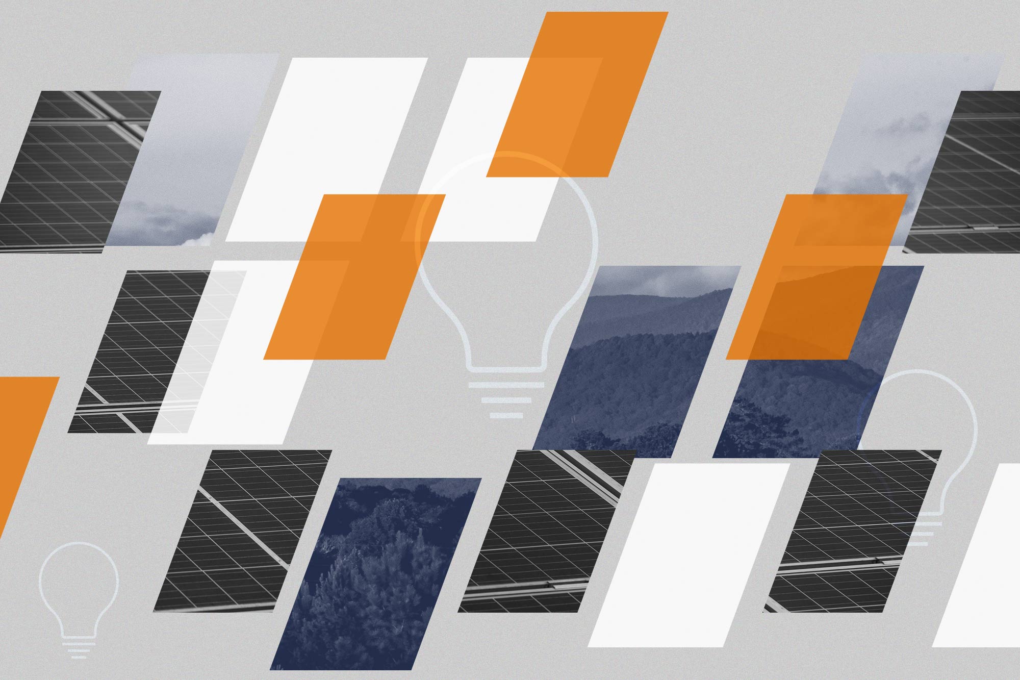 Illustration of various overlapping parallelograms in orange, blue, and white revelaing solar panels and the blue ridge mountains. Three lightbulbs are floating in the background. 
