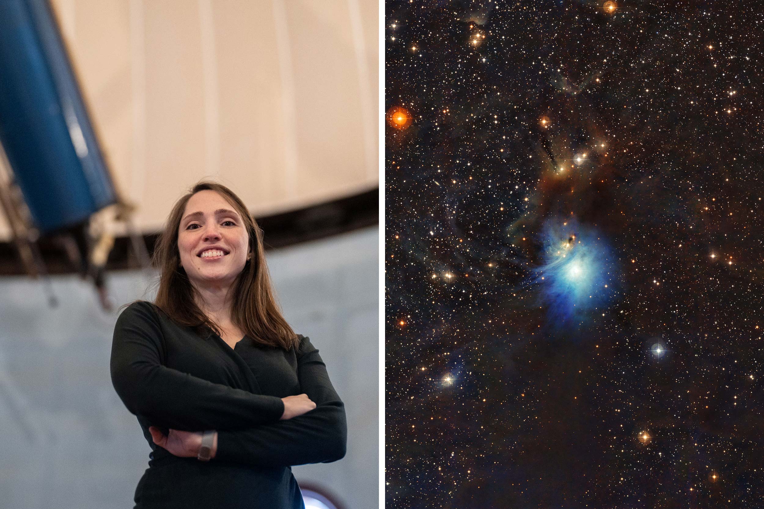 Ilsa Cleeves stands in front of UVA's Leander McCormick Telescope, and a bright blue cloud shines, surrounded by dust and multicolored stars