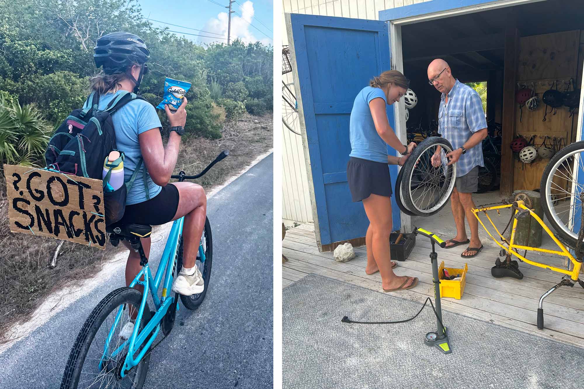 Candids of Augusta Halle biking across Eleuthera and working on her bike along the way