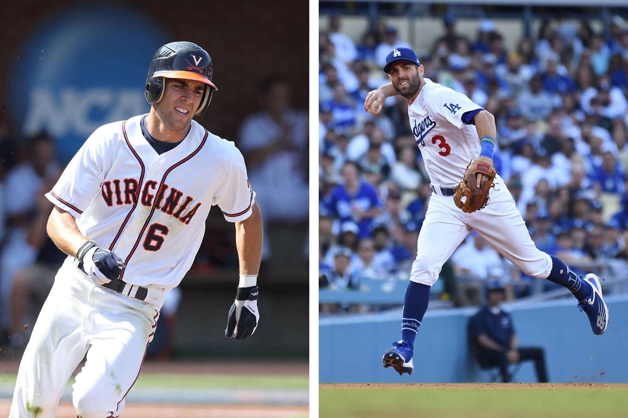 Photos of Chris Taylor in his UVA and Dodgers uniforms.
