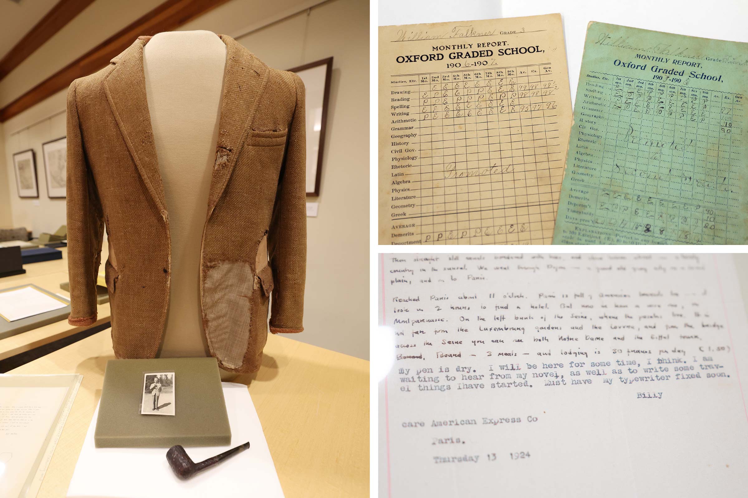 A collage of a  tweed jacket, pipe, grade school report cards and letter from Faulkner to his mother all offer insight into his personal life.  