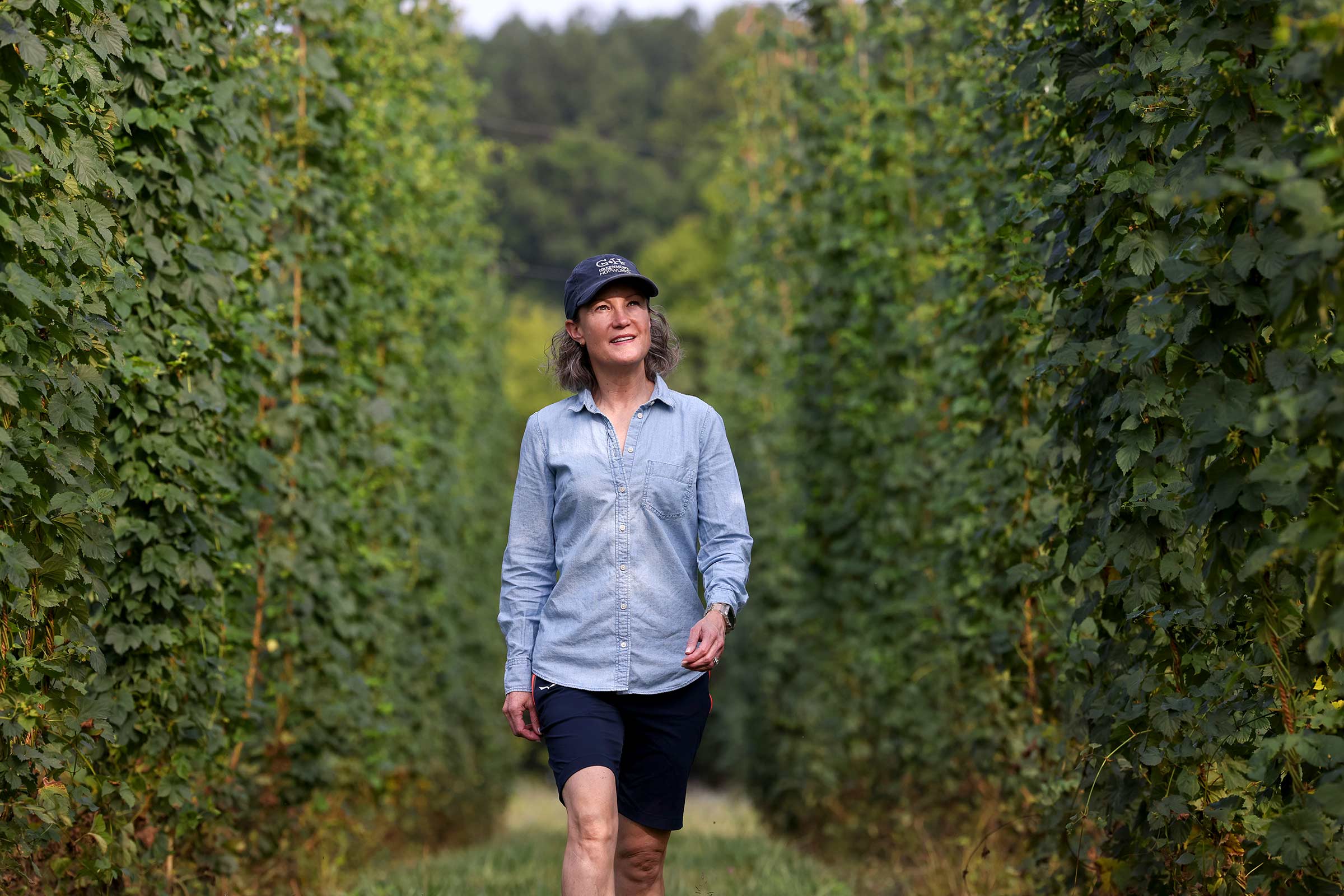 Meghan Murray, Darden School of Business professor of practice, walks down the rows of hops growing on her family’s farm. 