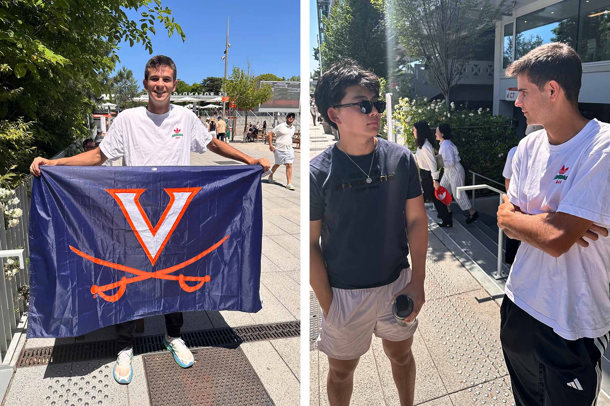 Jódar holding a Virginia Cavaliers flag and speaking with his friend Chung.