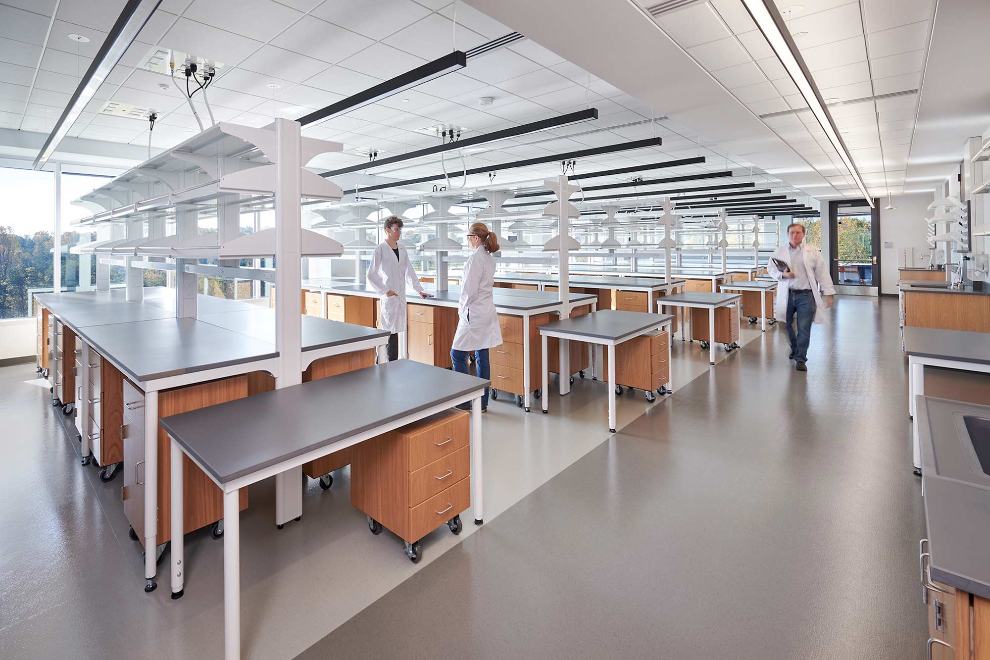 Inside a lab with rows of tables