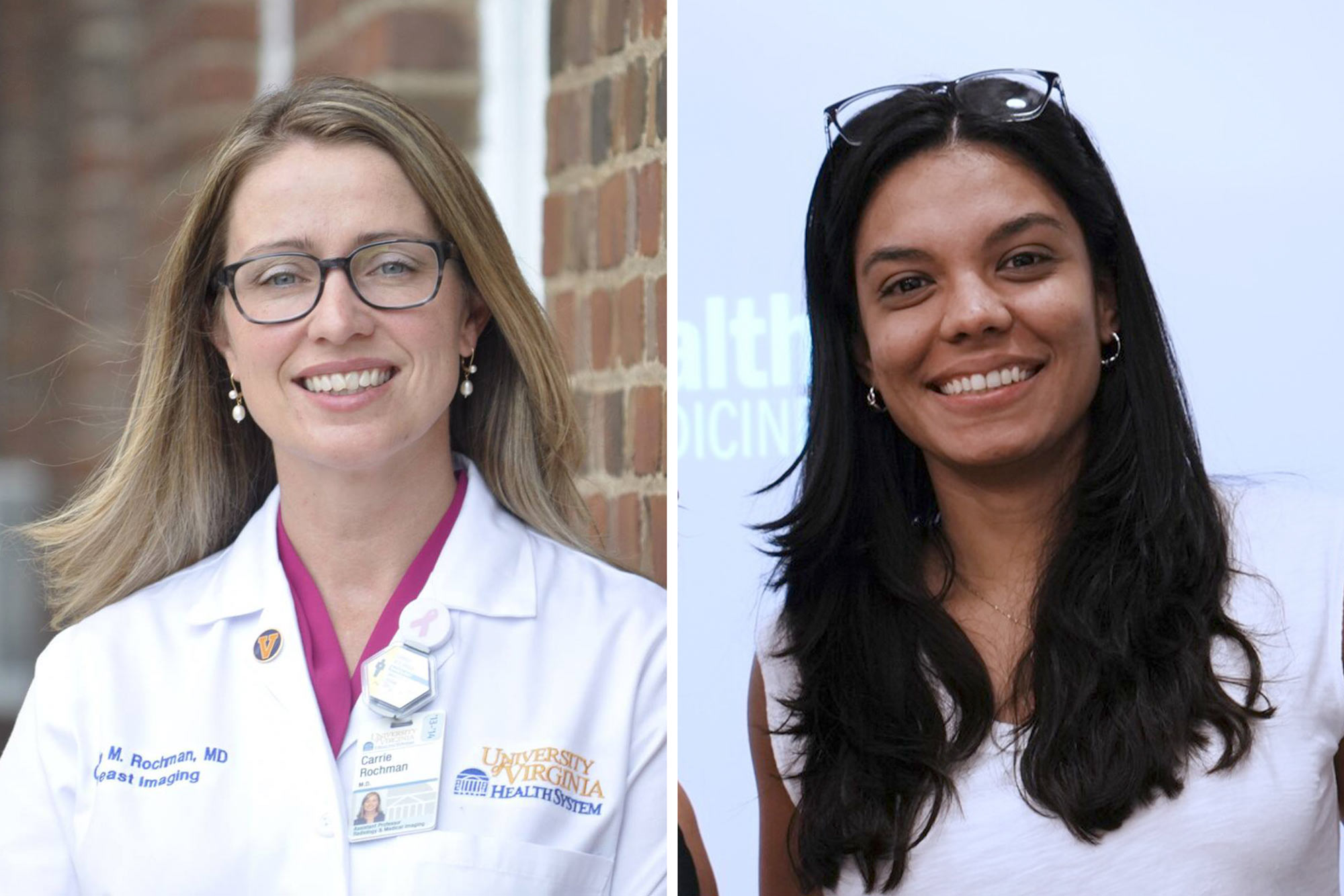 Portrait of Dr. Carrie Rochman, a diagnostic radiologist on the left and Maria Reyes-Matos, a postdoctoral fellow in surgical oncology on the right.