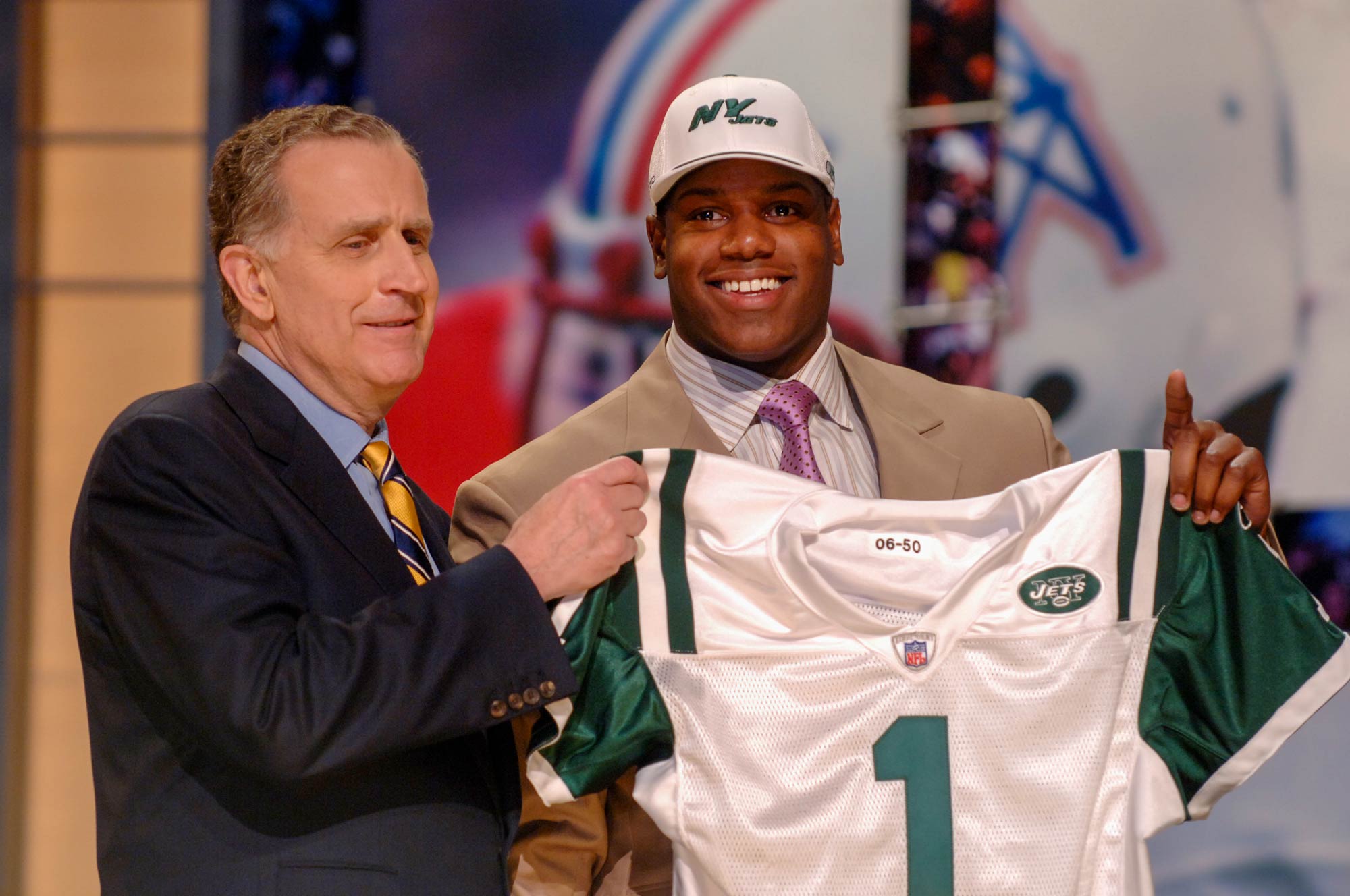 D’Brickashaw Ferguson on draft day holding up his New York Jets jersey