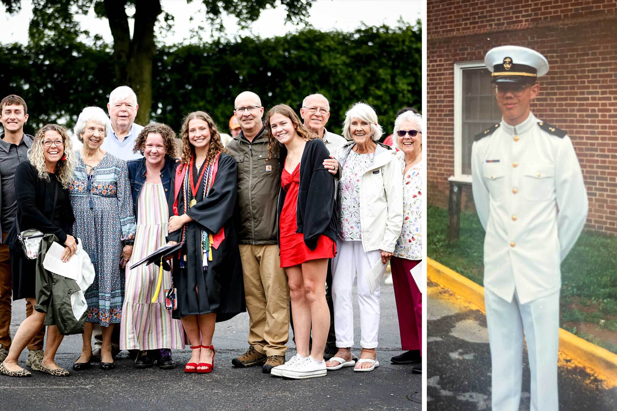 Group portrait of Charlotte Fetzer (center) with her family and friend. On the left is a portrait of her uncle, Charles Woodard, in military uniform.