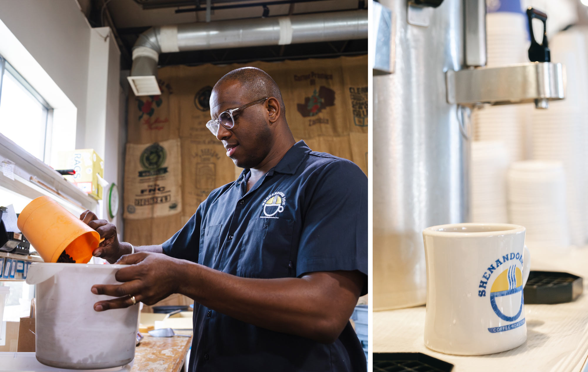 Pacheco mixing grounds in preparation to brew a cup of coffee