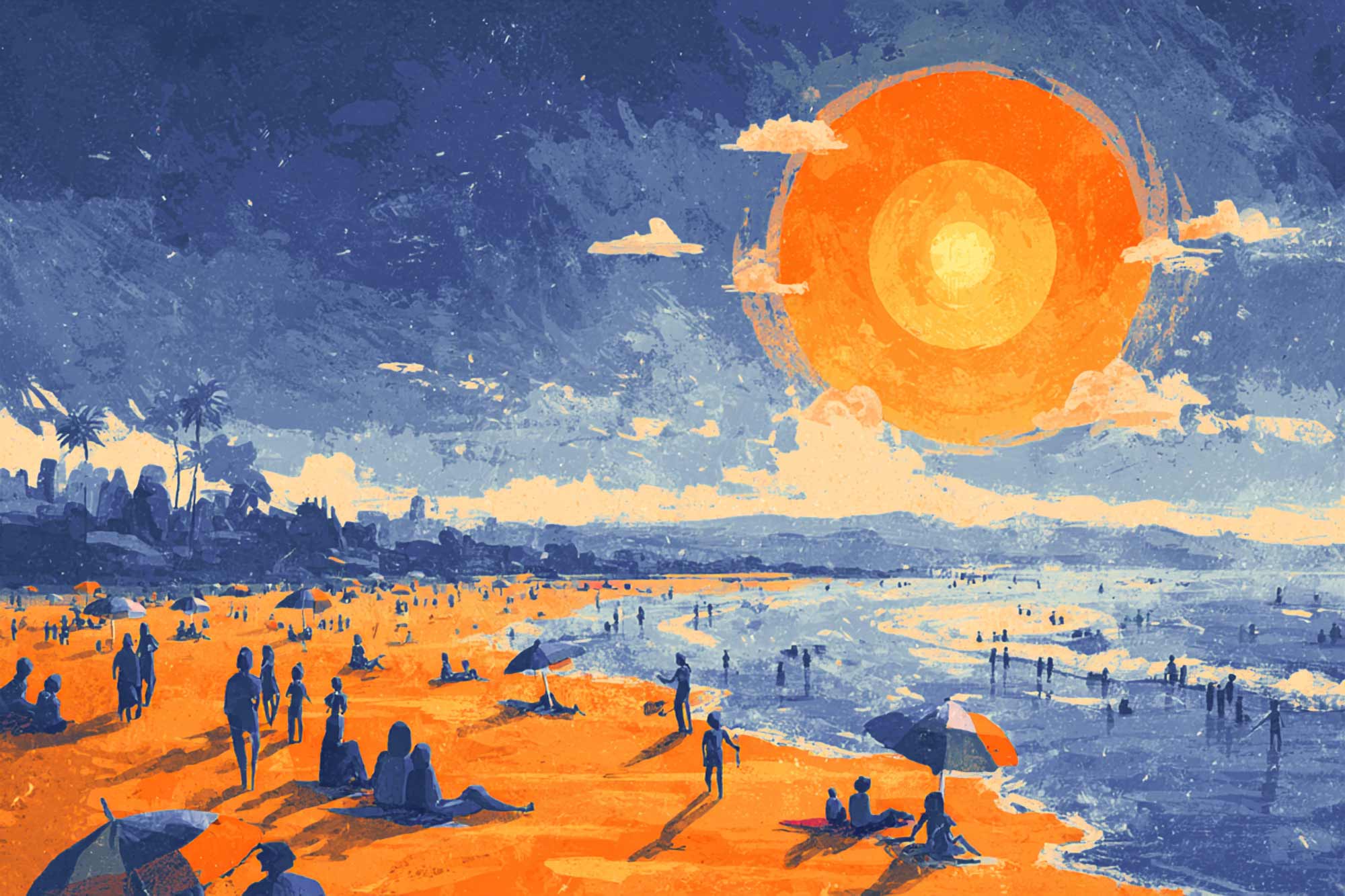 illustration of several people on a beach during a hot summer day