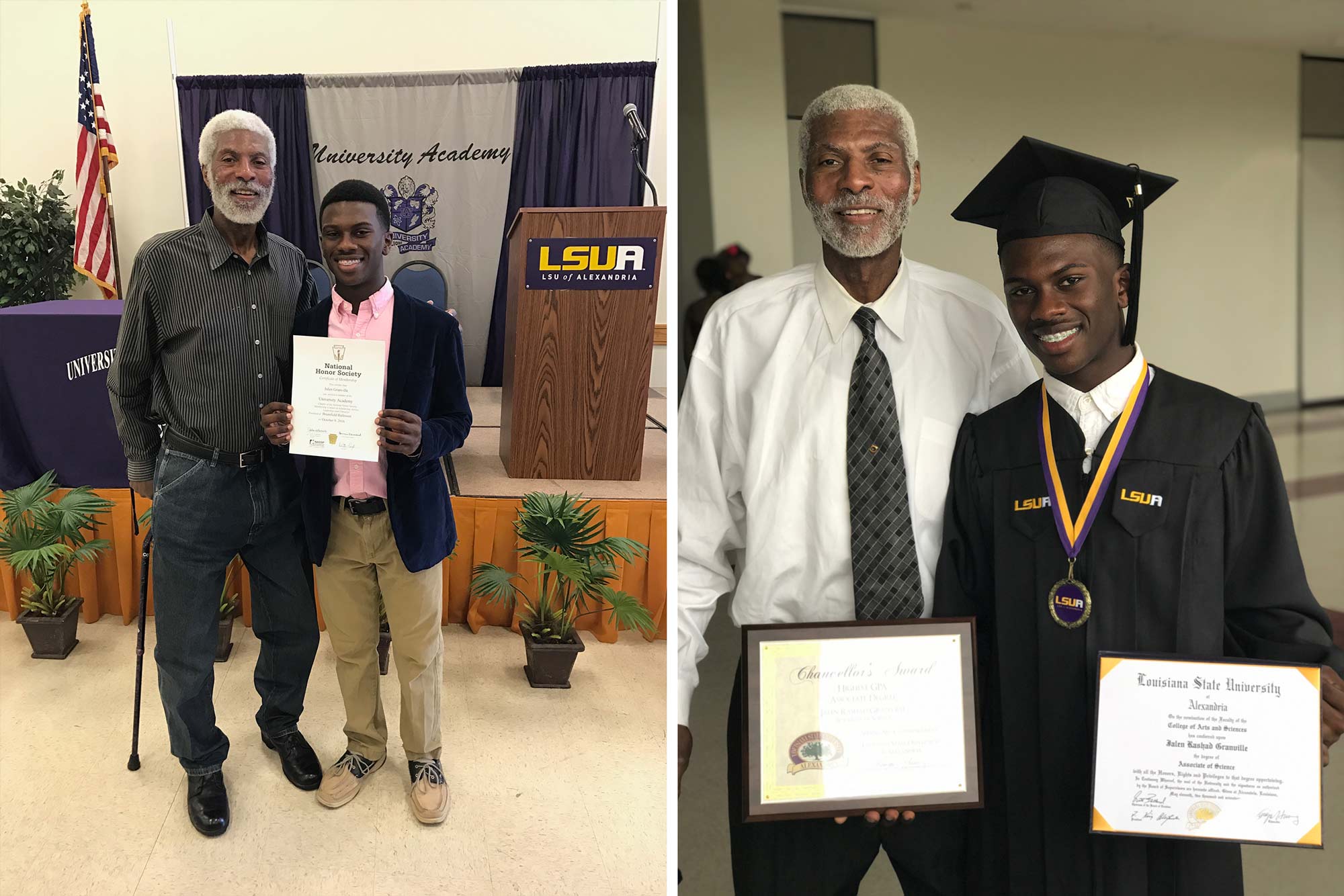 Rashad poses with his grandfather following his high school graduation. 