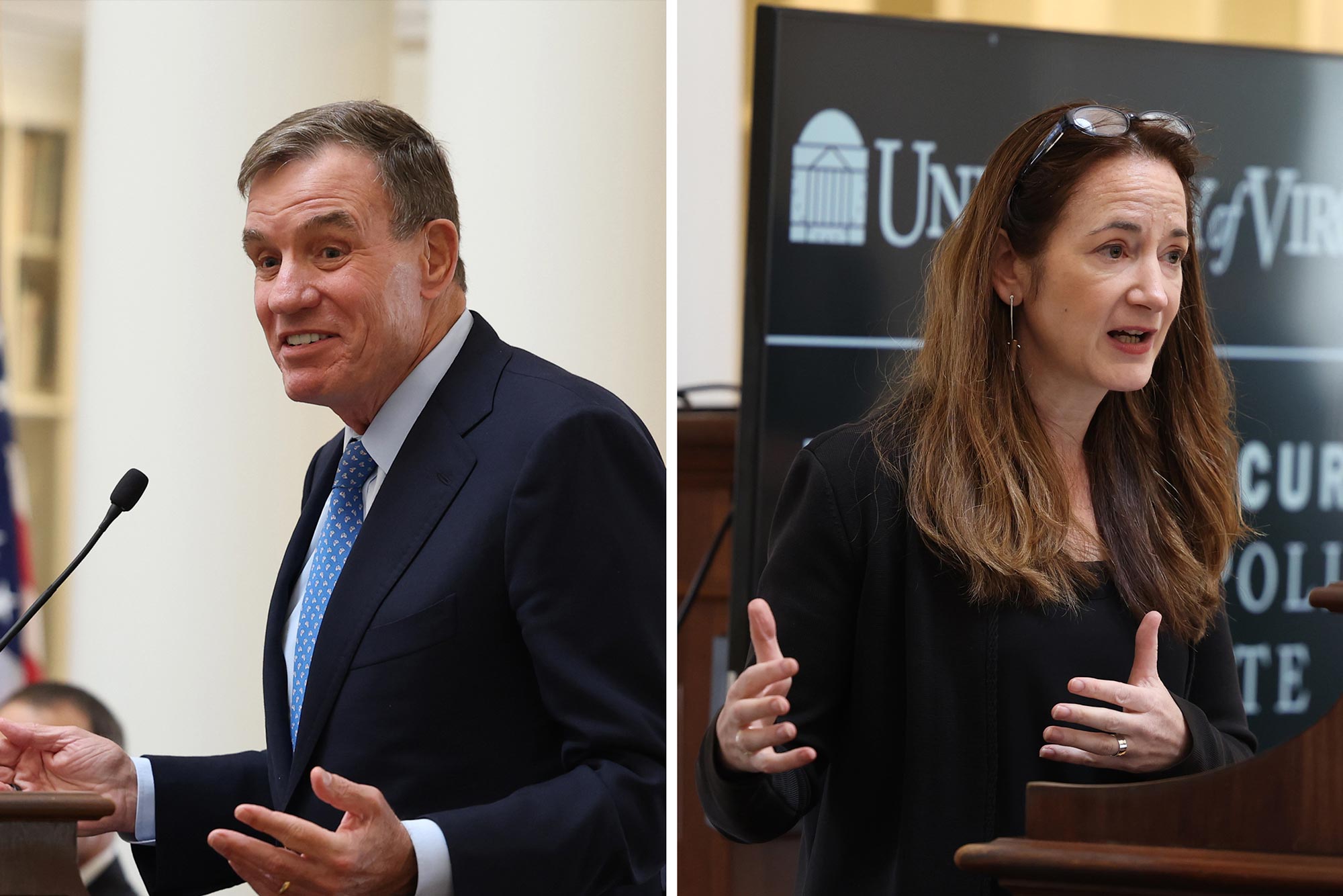 Candid photo of Sen. Mark Warner at a podium, left, and candid photo of Director of National Intelligence Avril Haines at a podium, right