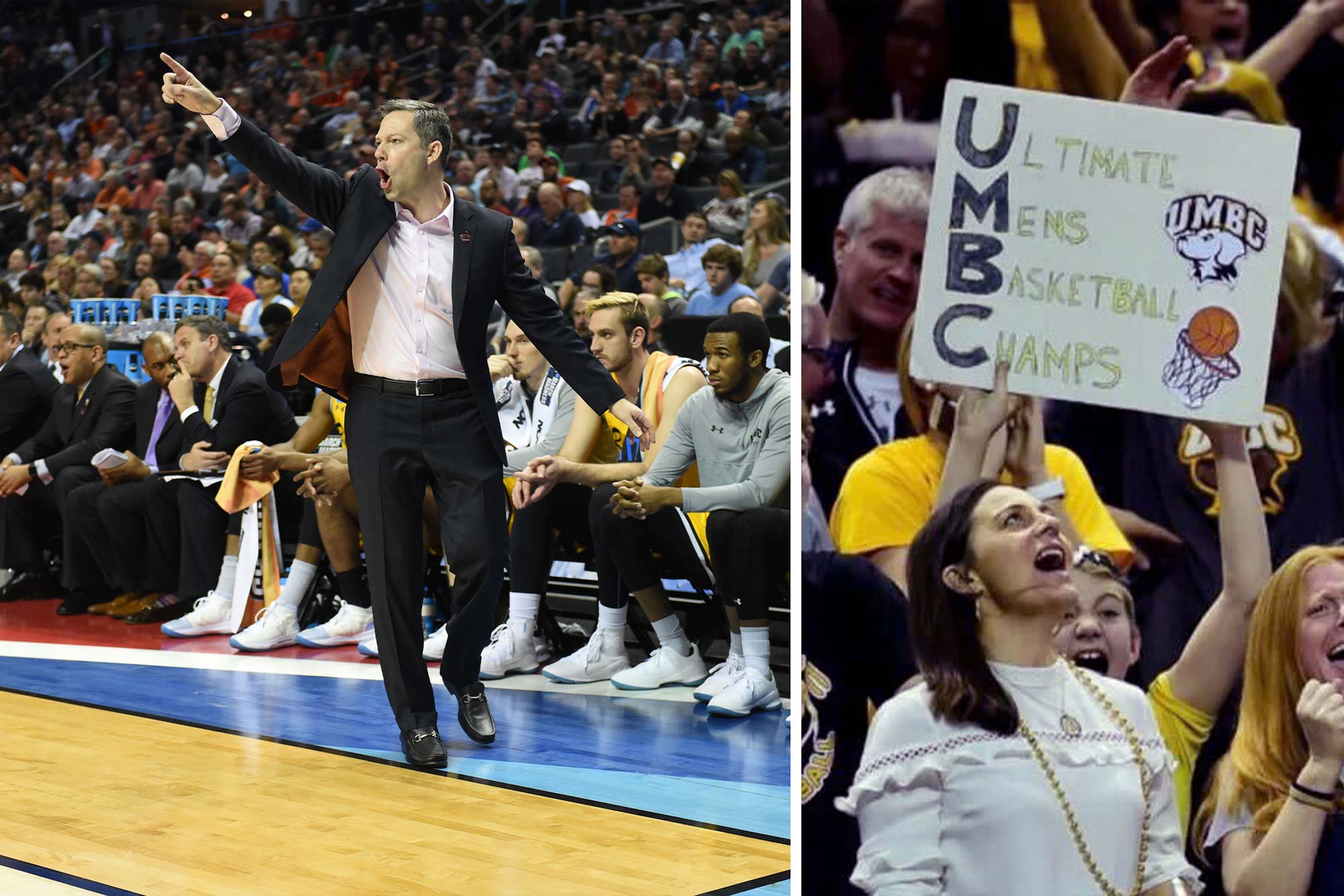 Candid of Ryan Odom coaching at a UMBC game