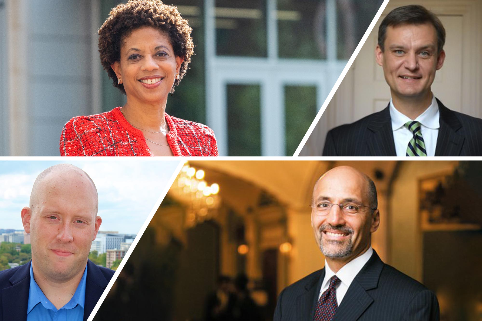 Collage portrait of four departments at UVA focusing on politics. From the top left: Melody Barnes from the Karsh Institute of Democracy, and Ken Stroupe from the Department of Politics and Center for Politics. From the bottom left: Kyle Kondik from the Center for Politics, and William Antholis from the UVA Miller Center.