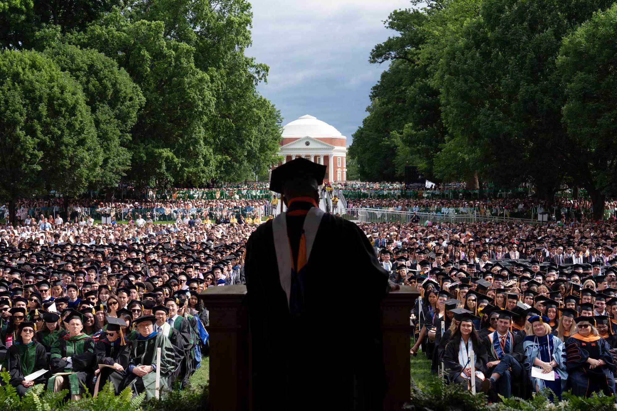 From behind Cedric Rucker looking out towards the Rotunda and 2025 graduates