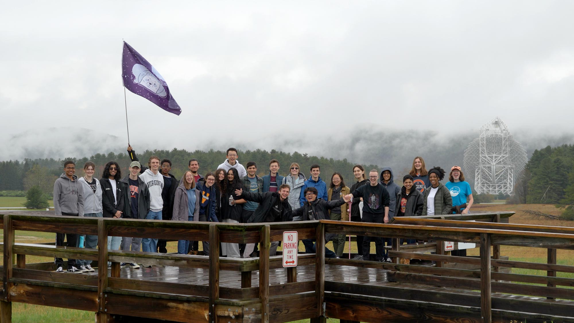 The UVA Astronomy Club gather for a group photo at the Green Bank Observatory