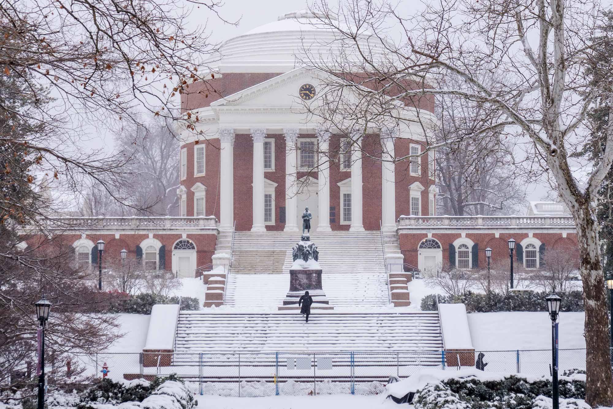 A front view of a snowy Rotunda