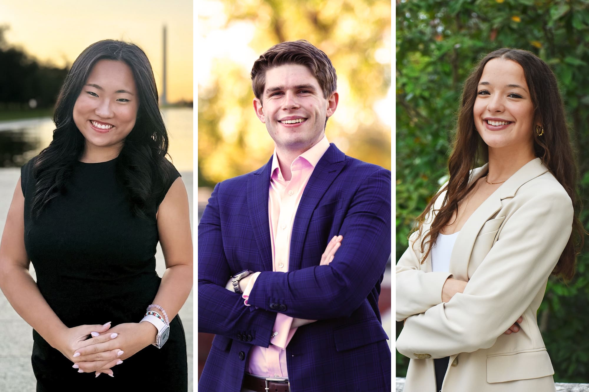 Left, portrait of Jolina Dong, center, Thomas Davies, and right, Stephanie Juliano