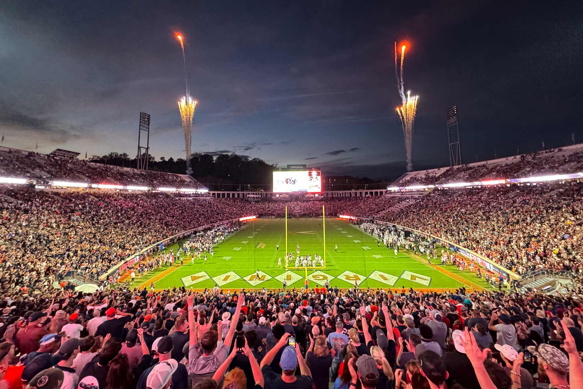 Arial view of fireworks light up a stunning Charlottesville sky during Virginia’s game against Florida State at Scott Stadium.
