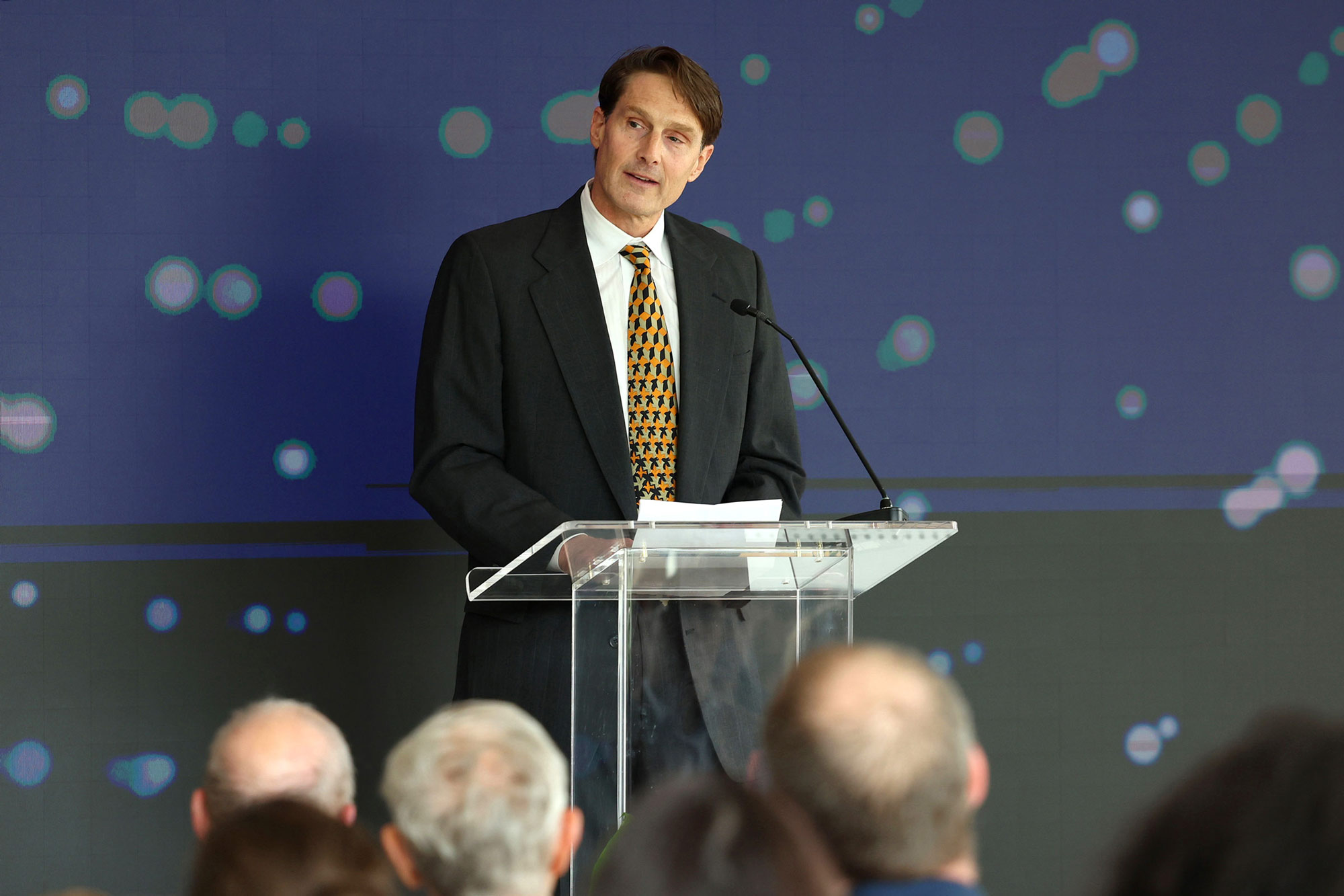 UVA alum Jaffray Woodriff speaking at the Data Science building