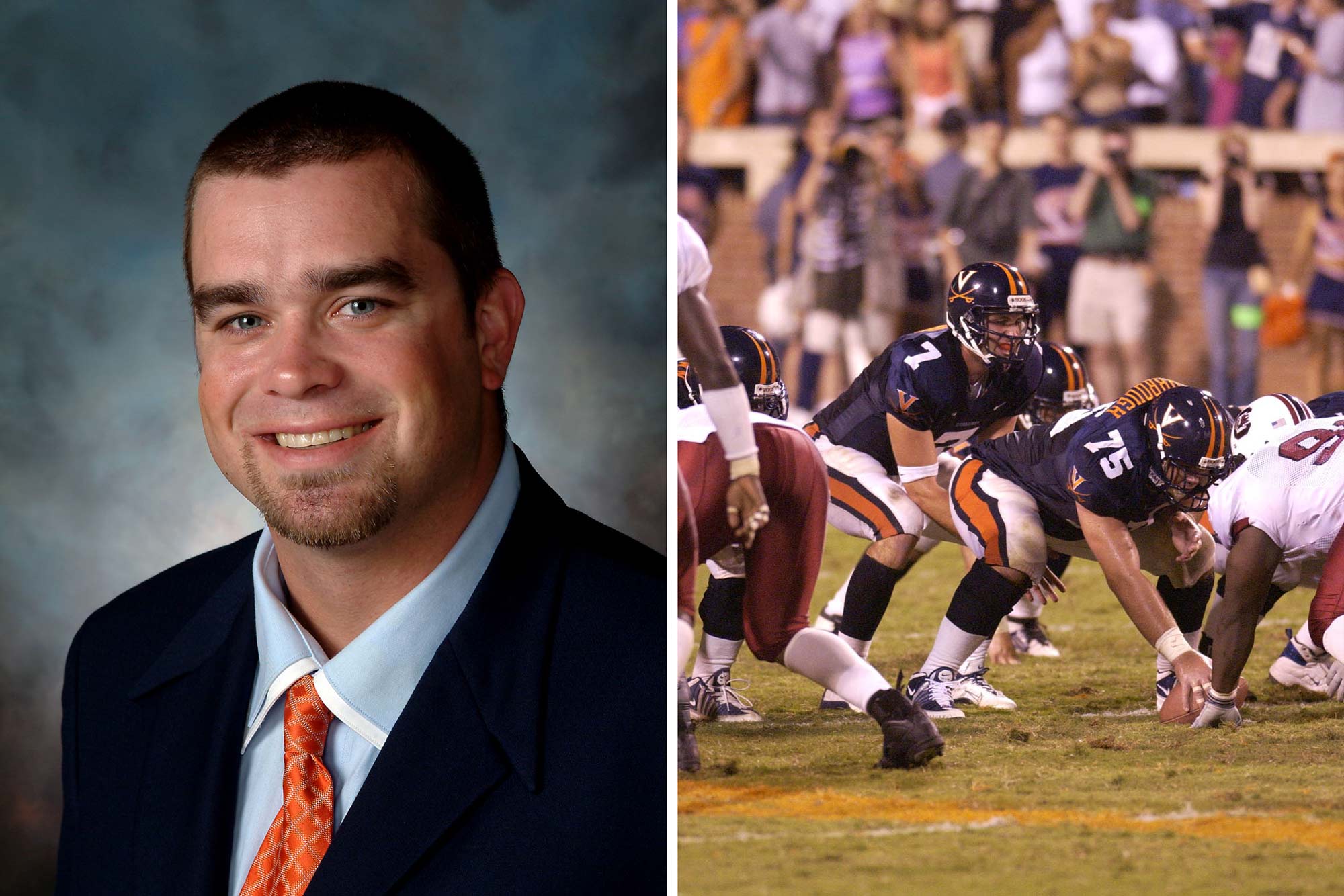 Portrait of Zac Yarbrough on the left and the UVA football team in action on game day on the right.
