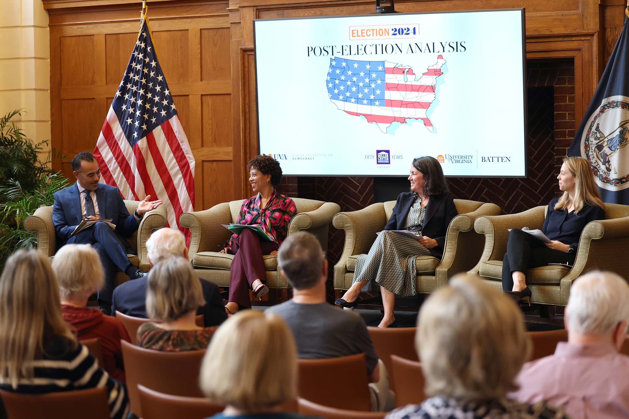 From left, Ian Solomon, dean of the Frank Batten School of Leadership and Public Policy, moderated the discussion with Melody Barnes, executive director of the Karsh Institute; Mary Kate Cary, director of Think Again and an adjunct professor of politics; and Ashley Jardina, associate professor in the Batten School. William Antholis, director and CEO of UVA’s Miller Center for Public Affairs, participated online. 