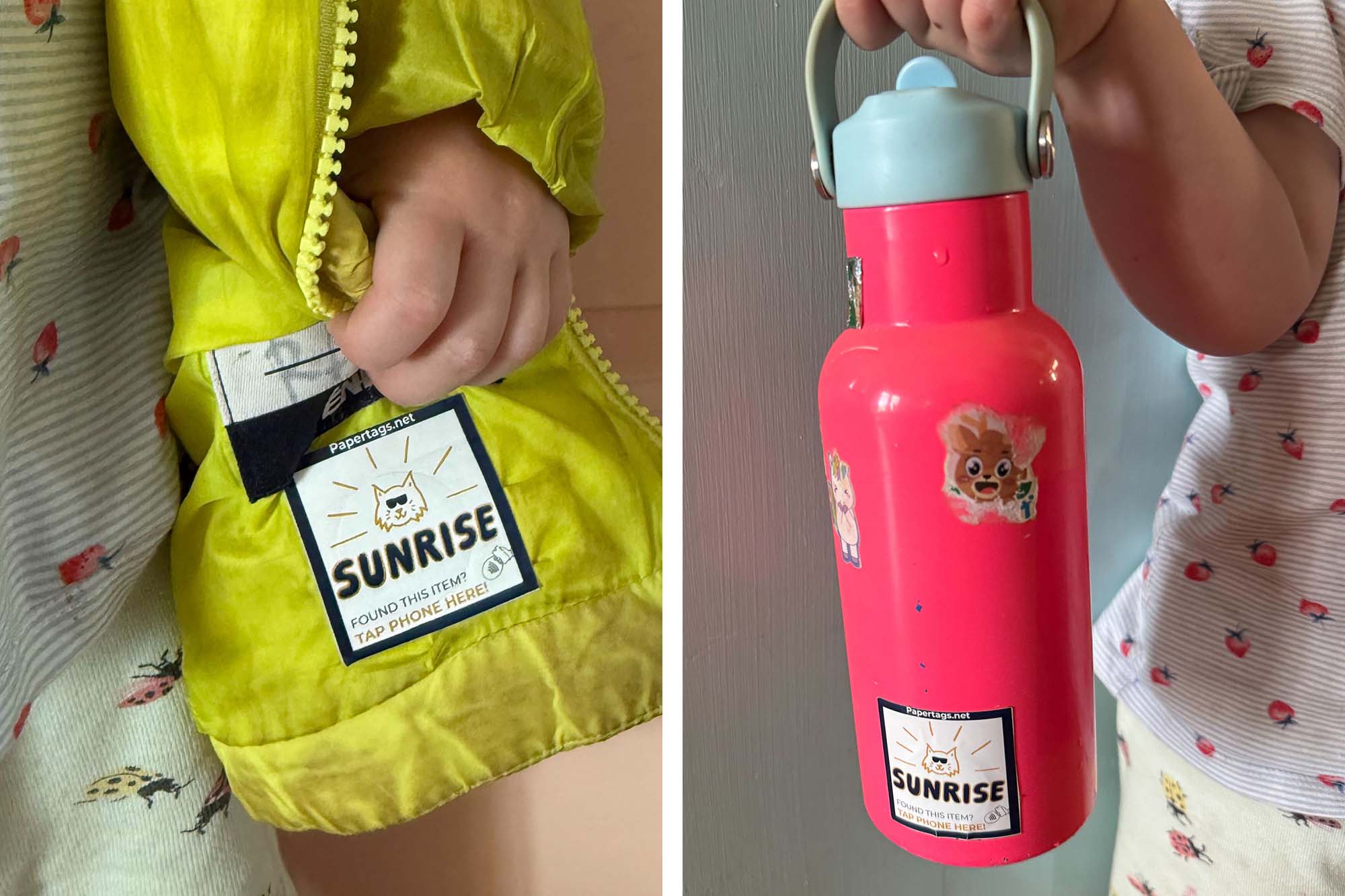 Close up photos showing the tags on a childs jacket and water bottle