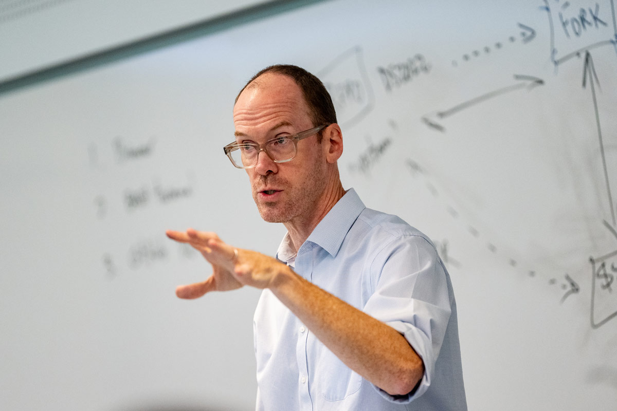 Neal Magee lecturing in front of a classroom of students.