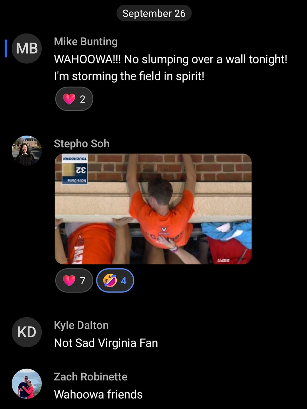 Screenshot of a group shot that includes the meme photo of Mike Bunting as the “Sad Virginia Fan” upside down
