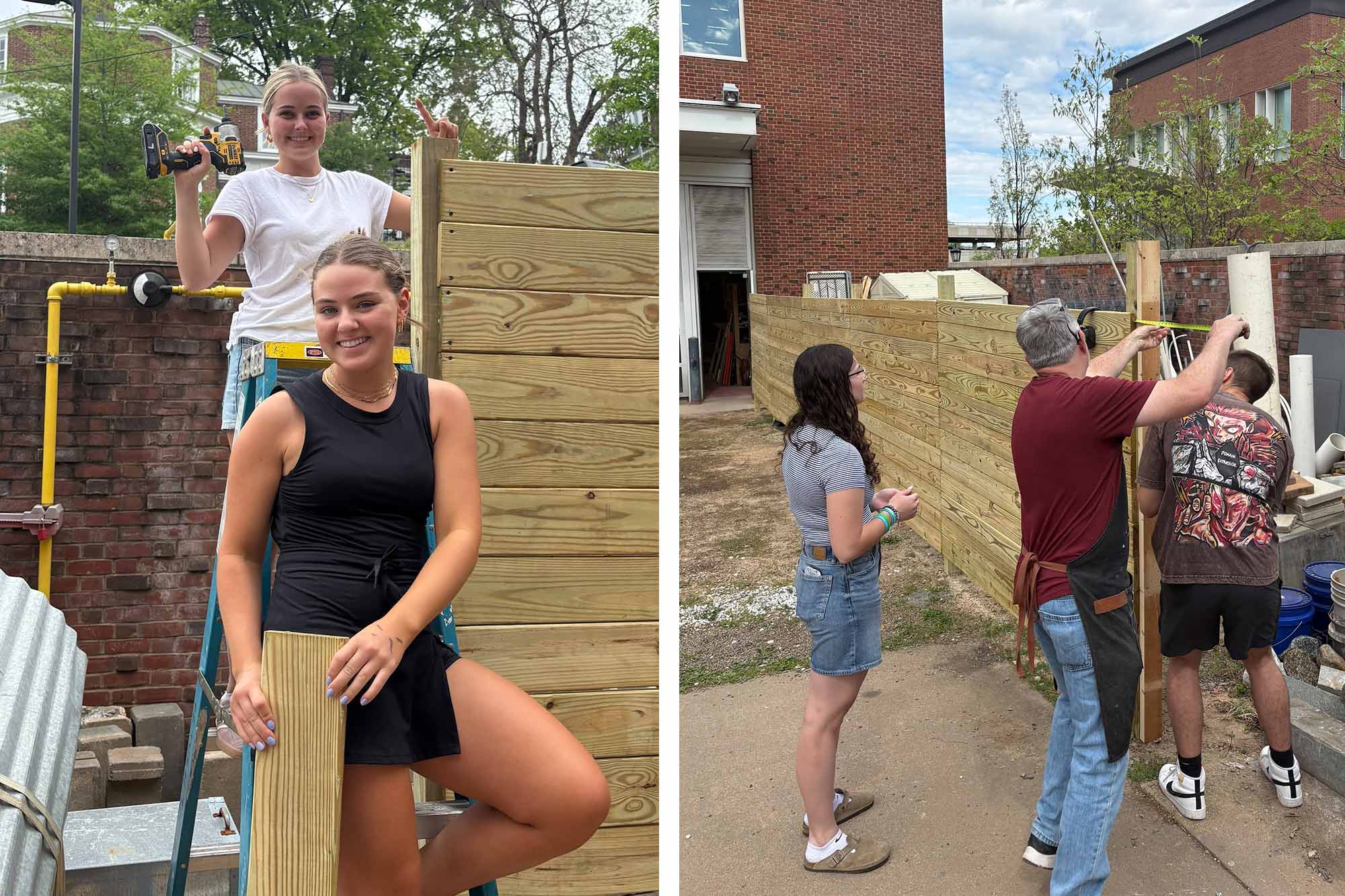 Students posing with the wood and tools they are using to build the wall, while other students continue to construct the exhibit