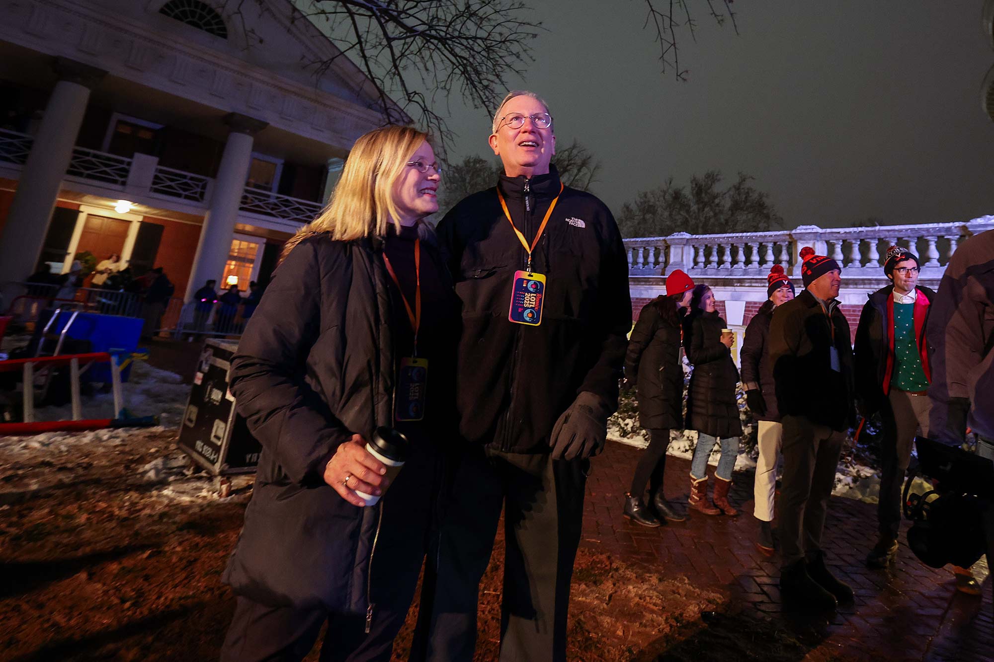 UVA interim President Paul Mahoney and his wife, Julia, join the crowd to countdown to the Lighting of the Lawn.
