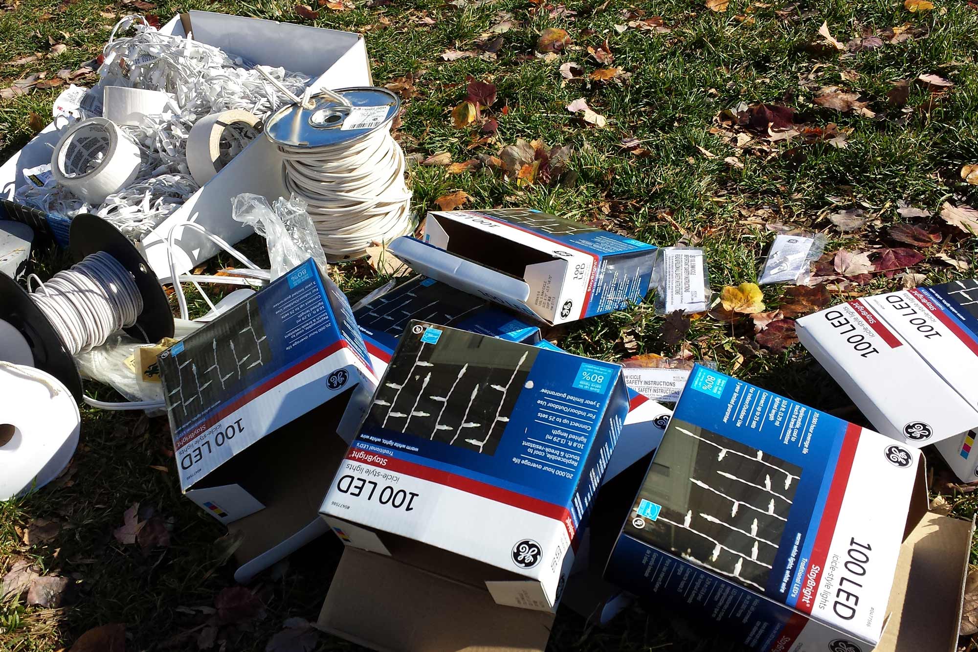 Close up of the electrical wires, lights and tape from the 2008 Lighting of the Lawn