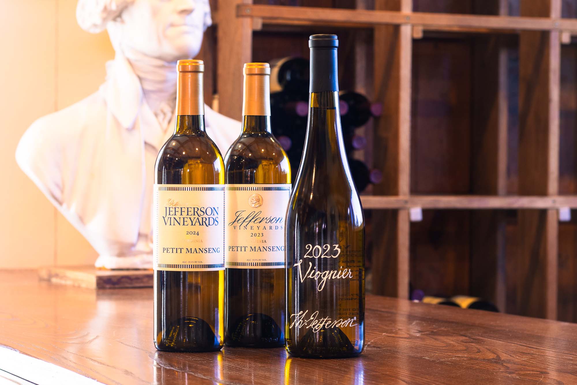 Close of three bottles Jefferson Vineyards’ wine