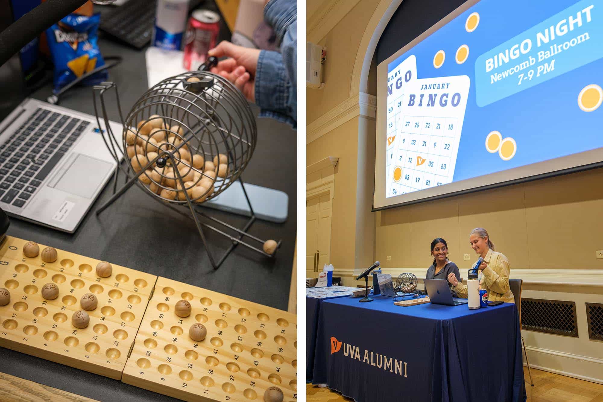 Close up of the cage that holds the balls to be called, left, and the two students running the game and calling the numbers, right
