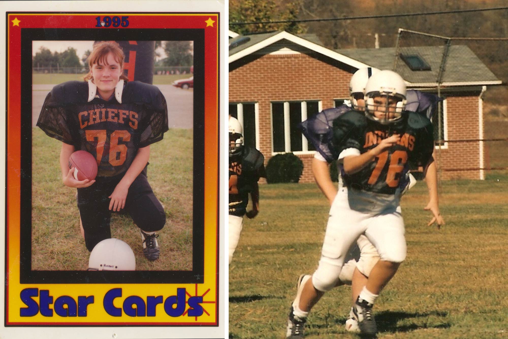 A side by side of Dunnagan in a football uniform in middle school