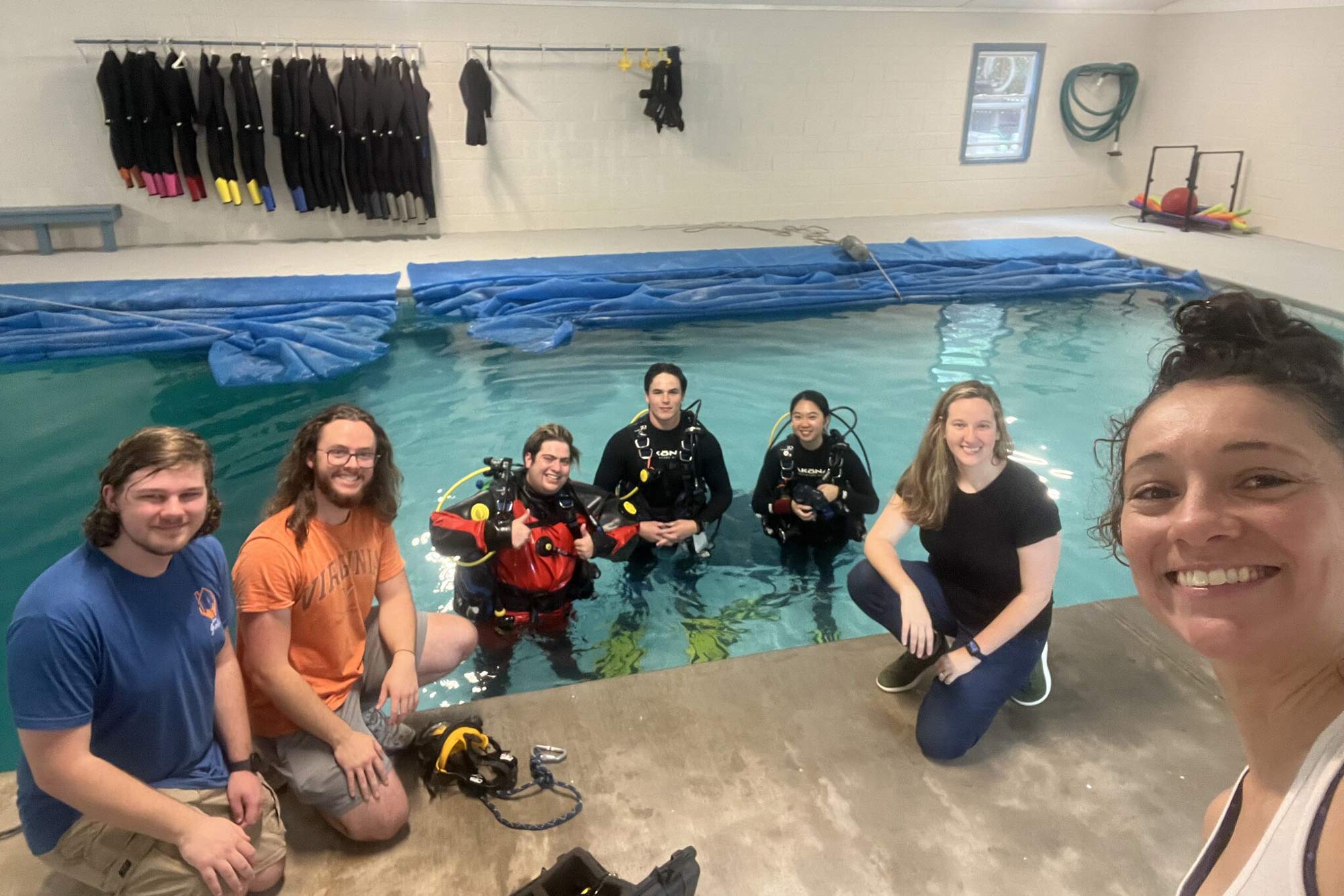 Camacho’s team helps her test a prototype at the Fluvanna Dive Center. The team includes UVA undergraduates Alex Taylor, Hunter Oakey, Chris Marotta, Henry Bearden and Sharon Lu, assistant professor of electrical and computer engineering Amanda Watson, and Camacho. 