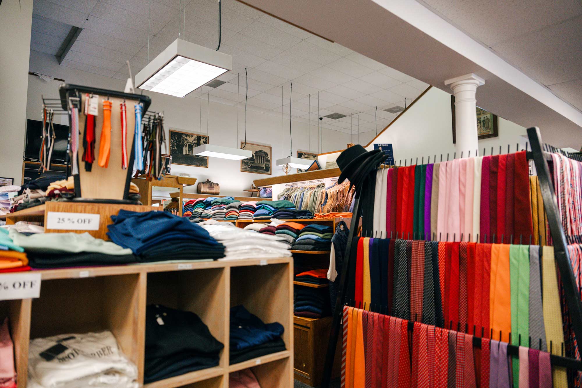 A wide view of the store displaying a variety of textiles