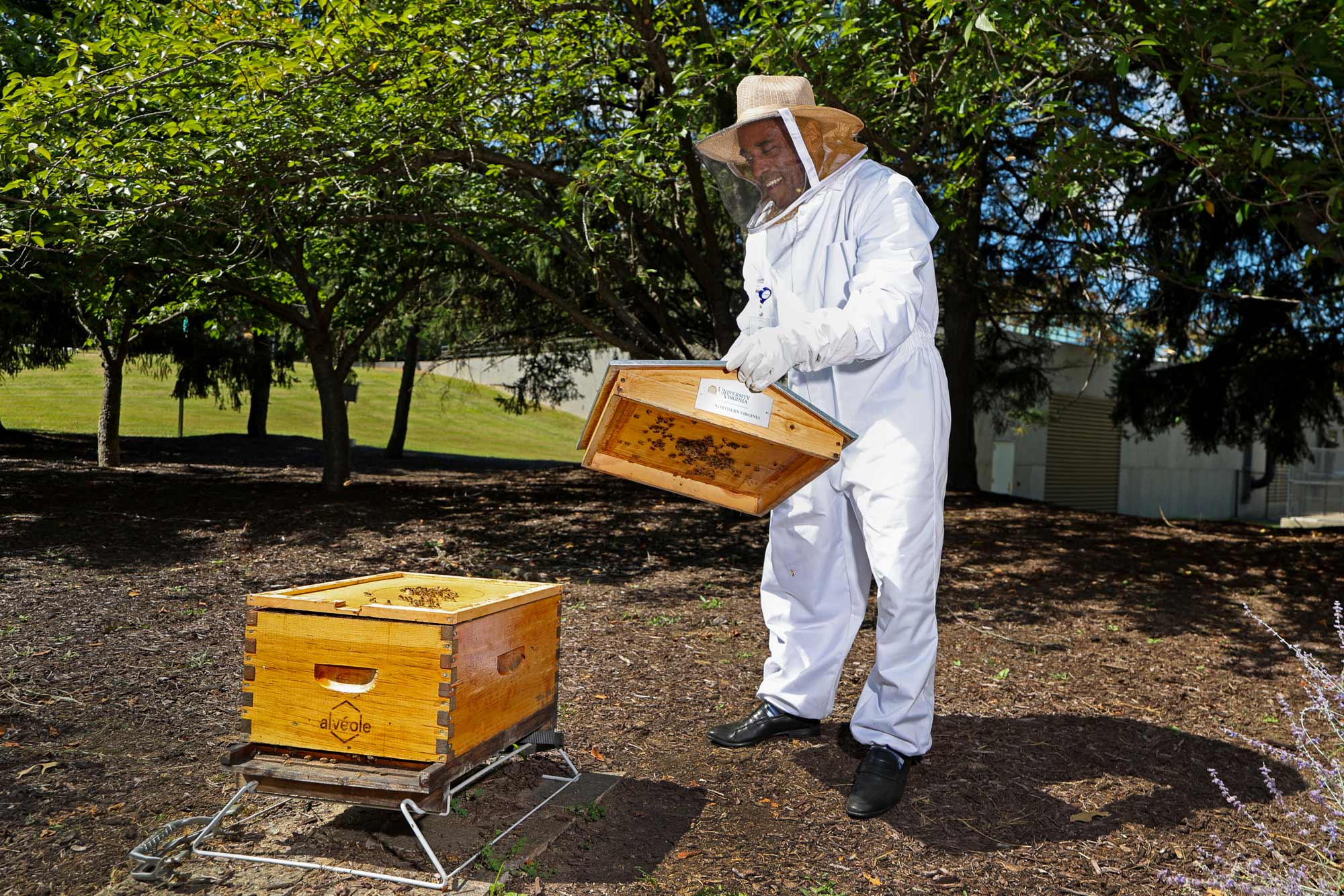 Greg Fairchild taking the lid off of a bee hive
