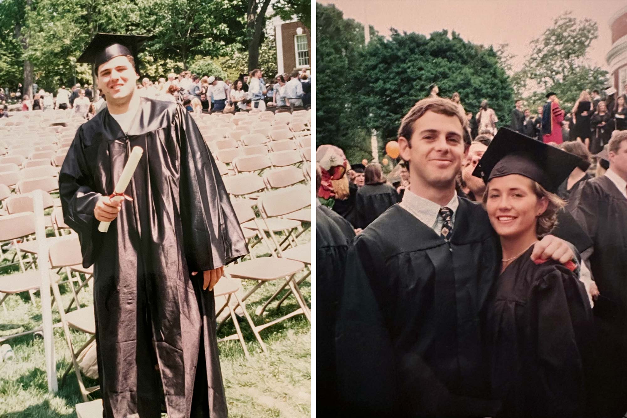 Andy Stepanian, left, and Chase Heard, right, in their caps and gowns during Final Exercises on the Lawn.