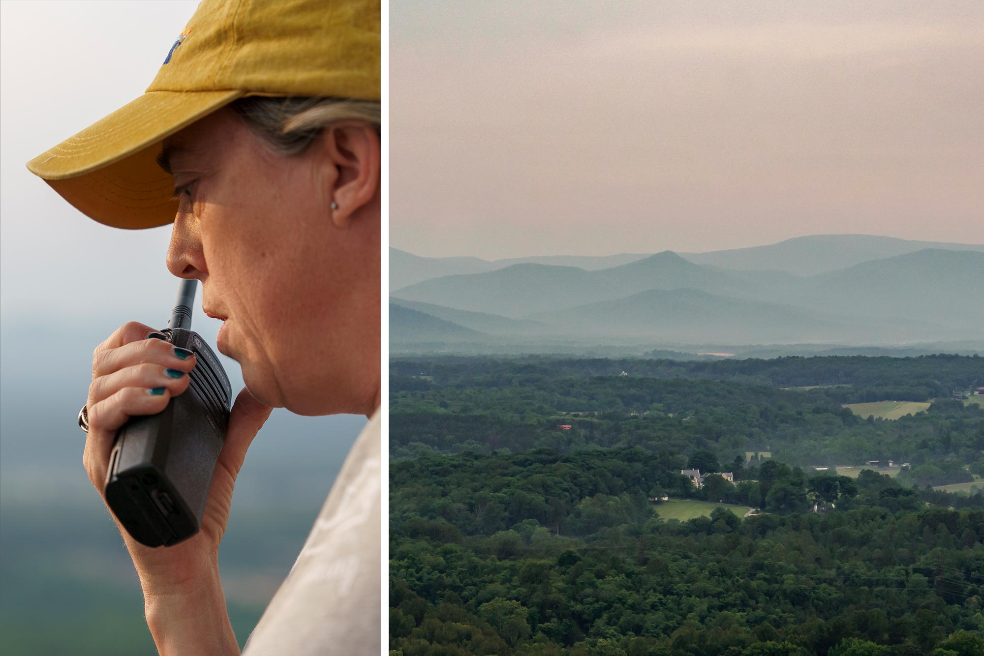 Mandy Baskin talking into a 2-way radio, left, and an aerial photo from a hot air balloon of Charlottesville, VA