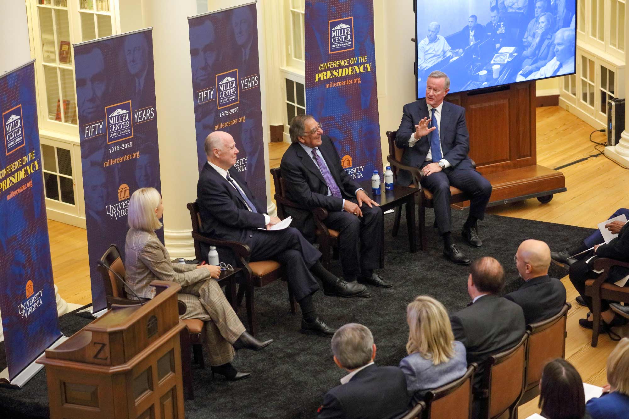 William H. McRaven, Dasha Burns, Thomas Donilon and Leon Panetta speaking in the UVA Rotunda Dome Room