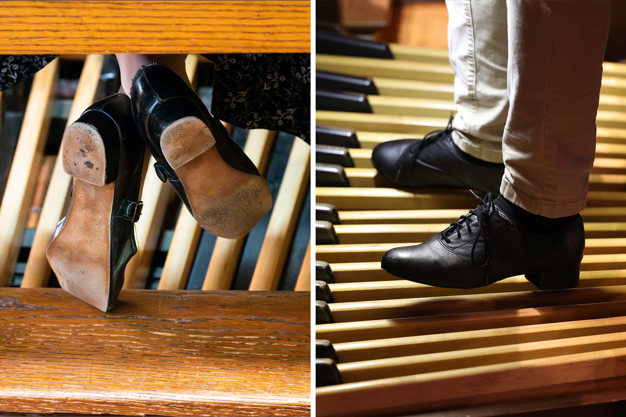 organists shoes pressing the organ pedals